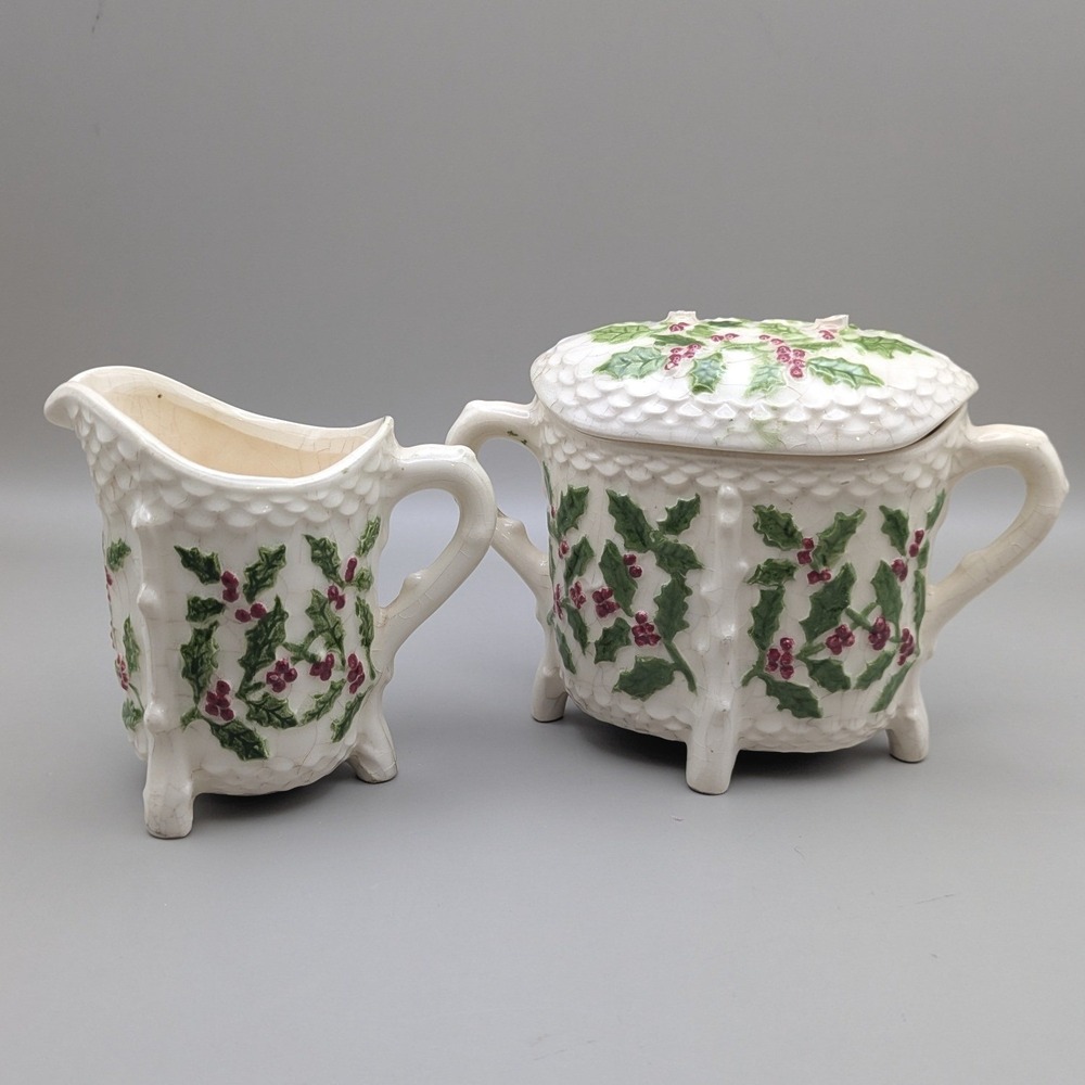 Vintage H.M. Martin 1952 Hand Painted Holly Berry Creamer and Sugar Set As Is